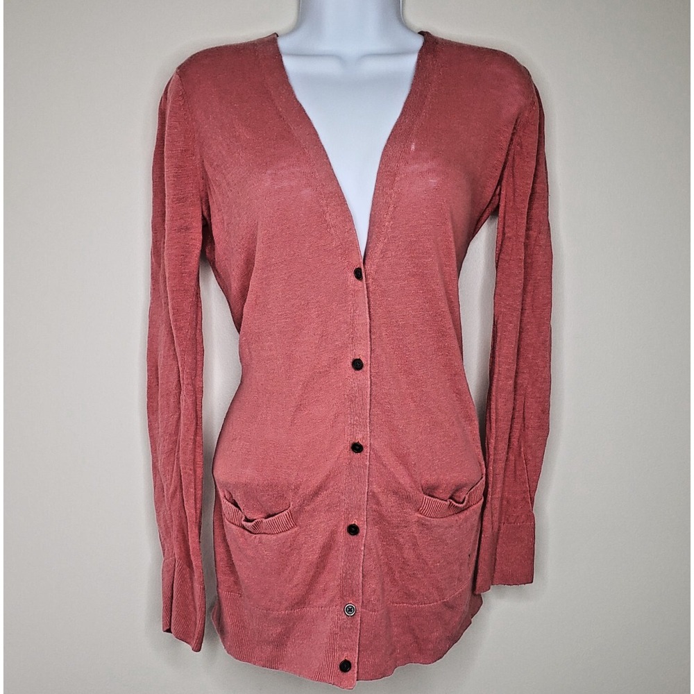 Ann Taylor Loft Linen Cardigan Sz M Pink Long Sleeve Button Up‎ Boho Coastal